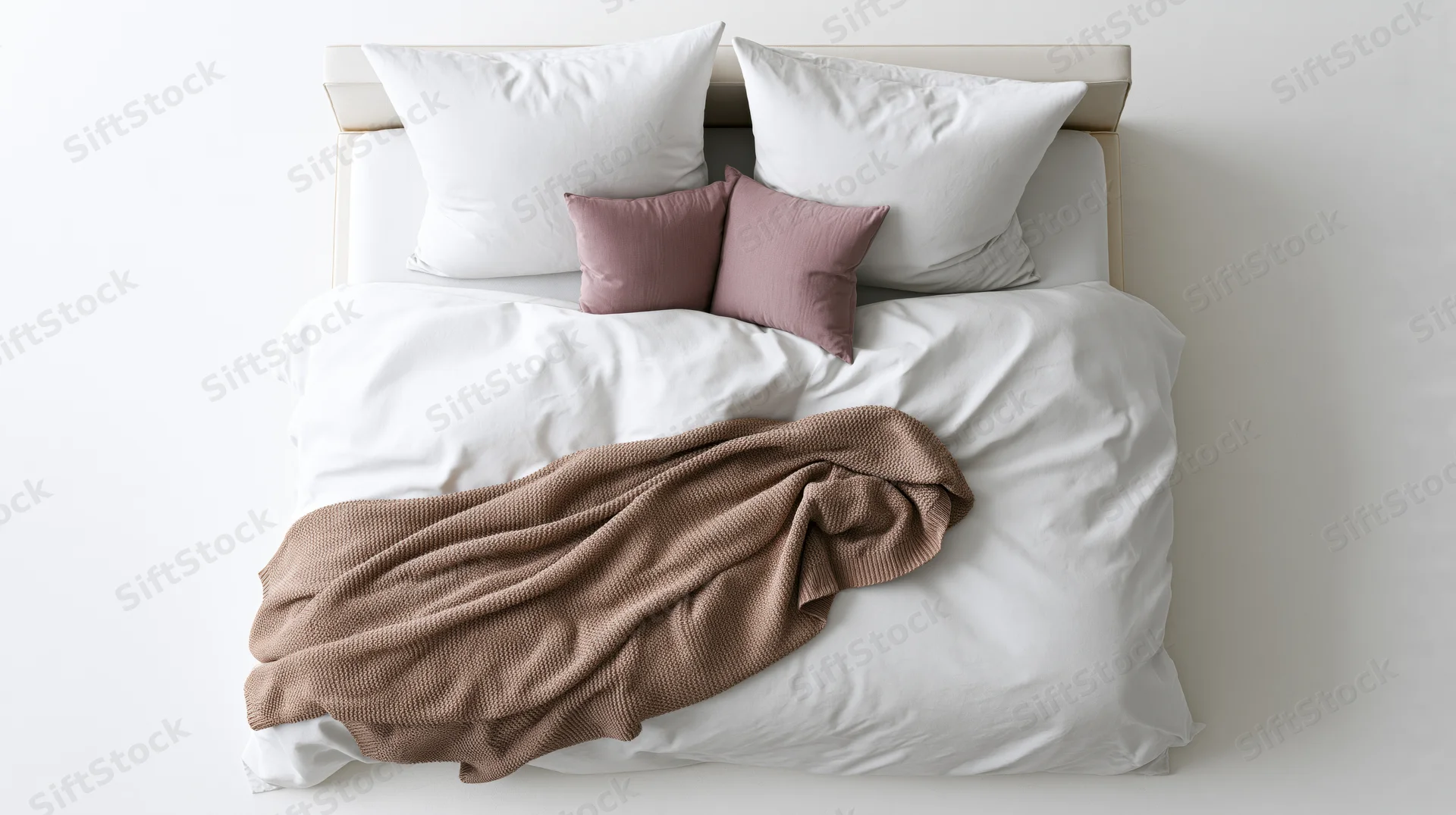 Overhead view of a double bed with white bedding and taupe throw blanket in a minimalist bedroom