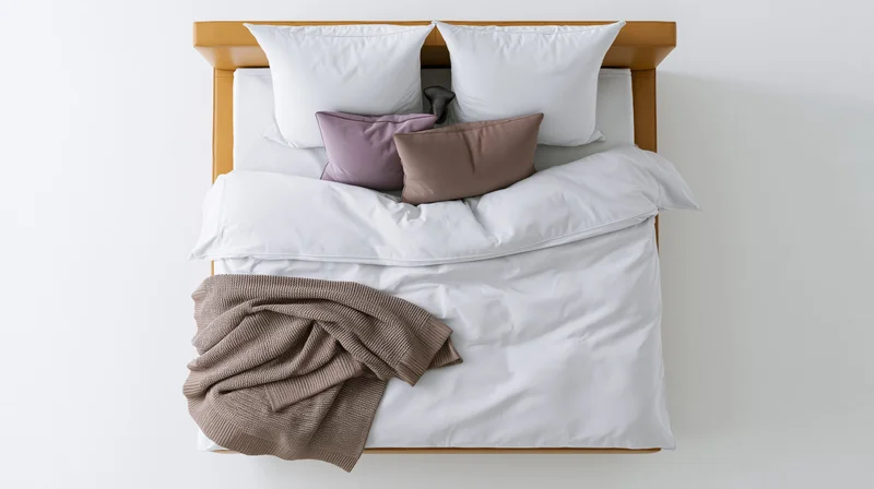 Double bed with white duvet and pillows, wooden headboard, brown knit blanket draped over corner, minimalist bedroom setting