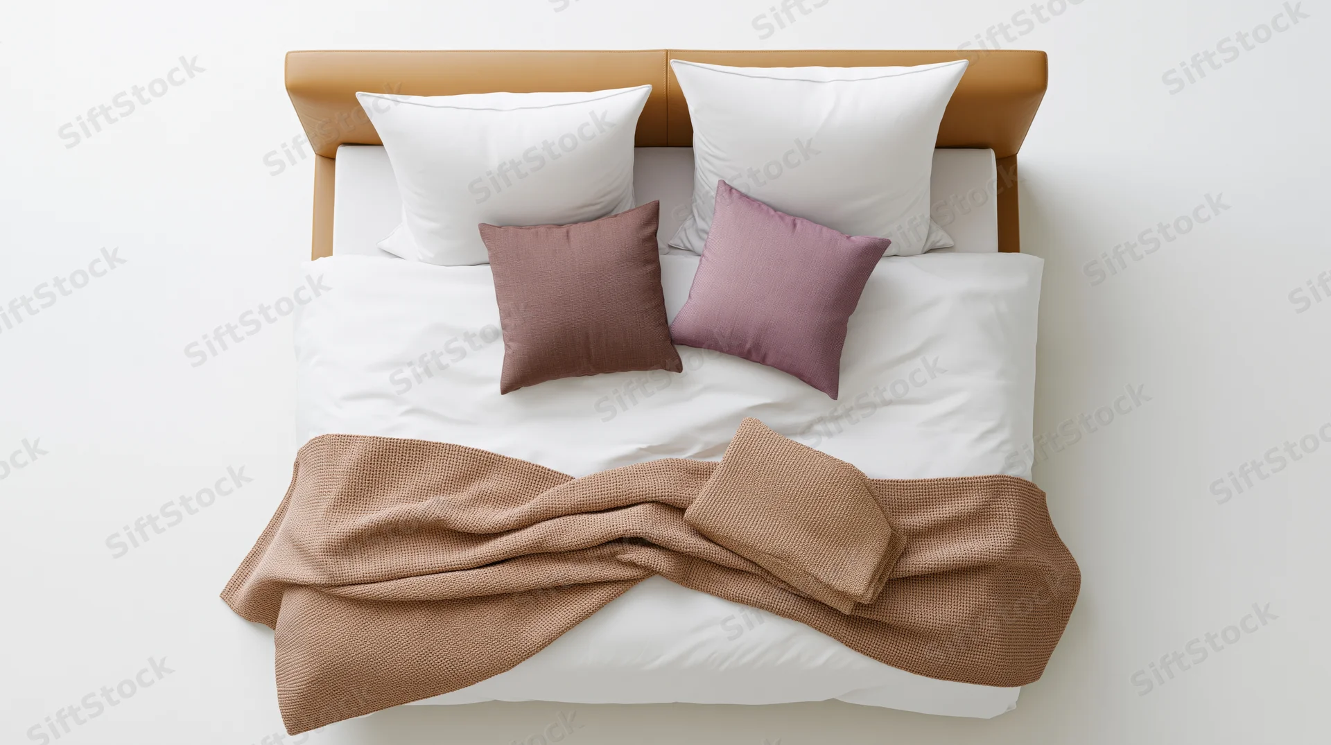 Double bed with white duvet and two euro pillows, brown and purple throw pillows, wooden headboard, overhead view
