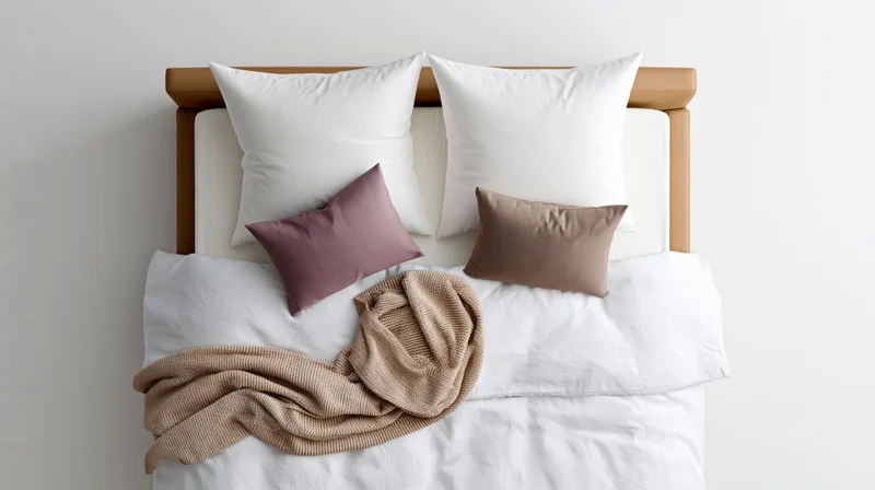 Double bed with white duvet and pillows arranged neatly, featuring a wooden headboard and a knitted throw blanket on top
