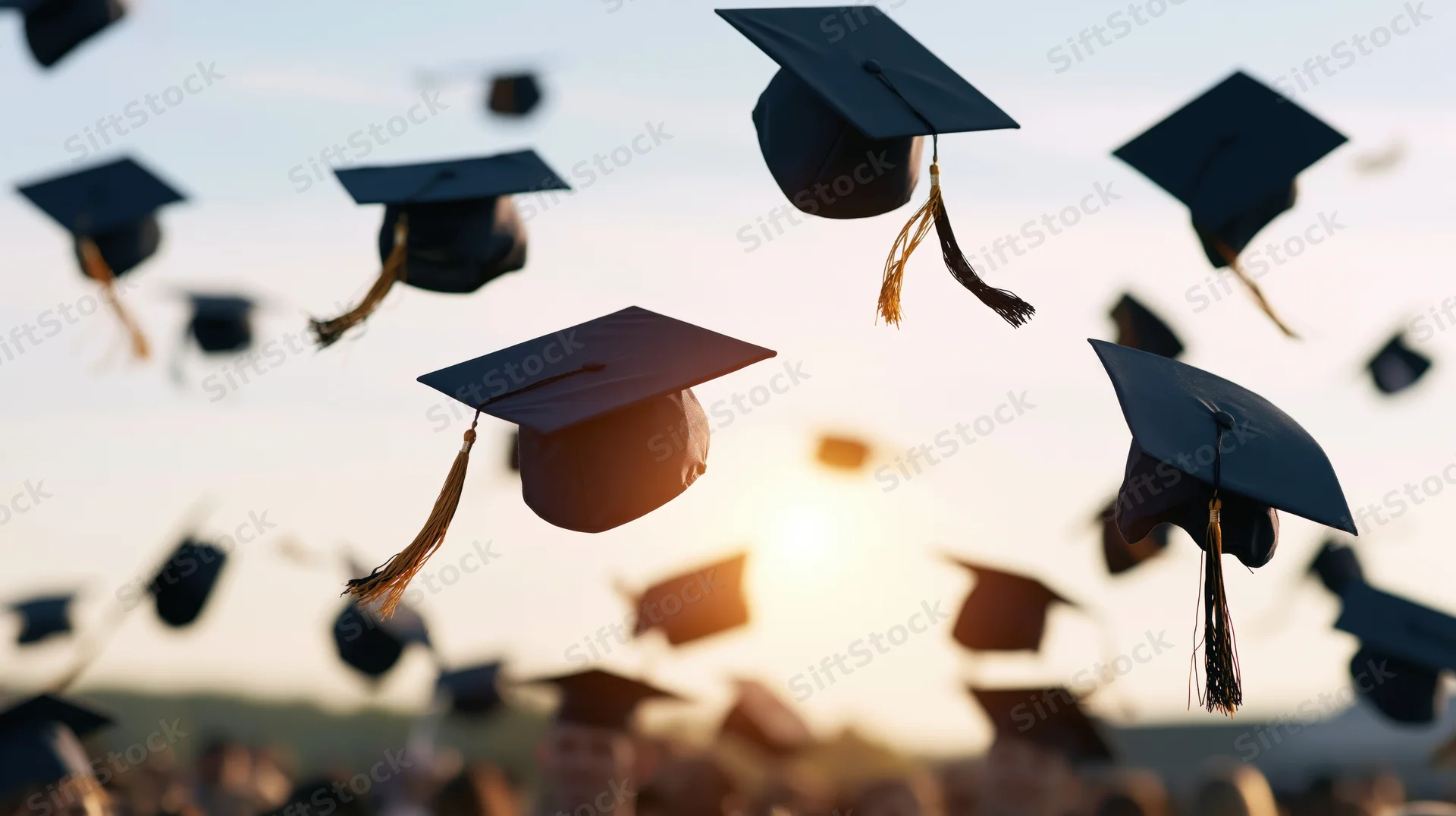 Graduation caps flying in the air at sunset over a crowd