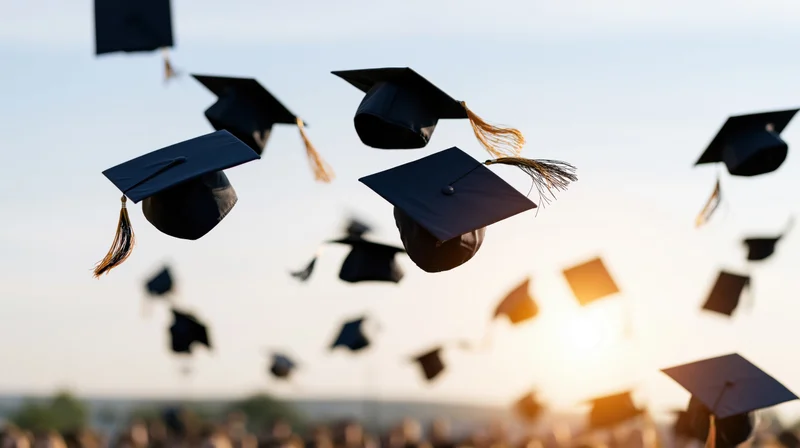 Graduation caps flying in the air at sunset over a crowd of students