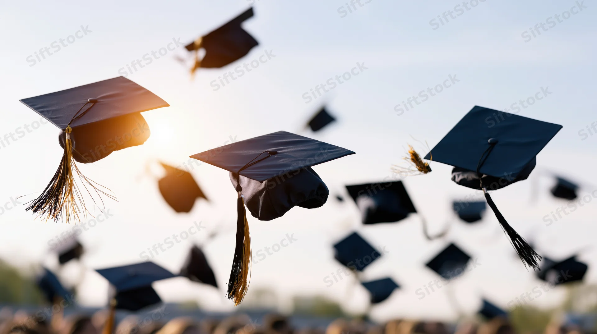 Graduation caps flying in the air during a ceremony outdoors at sunset