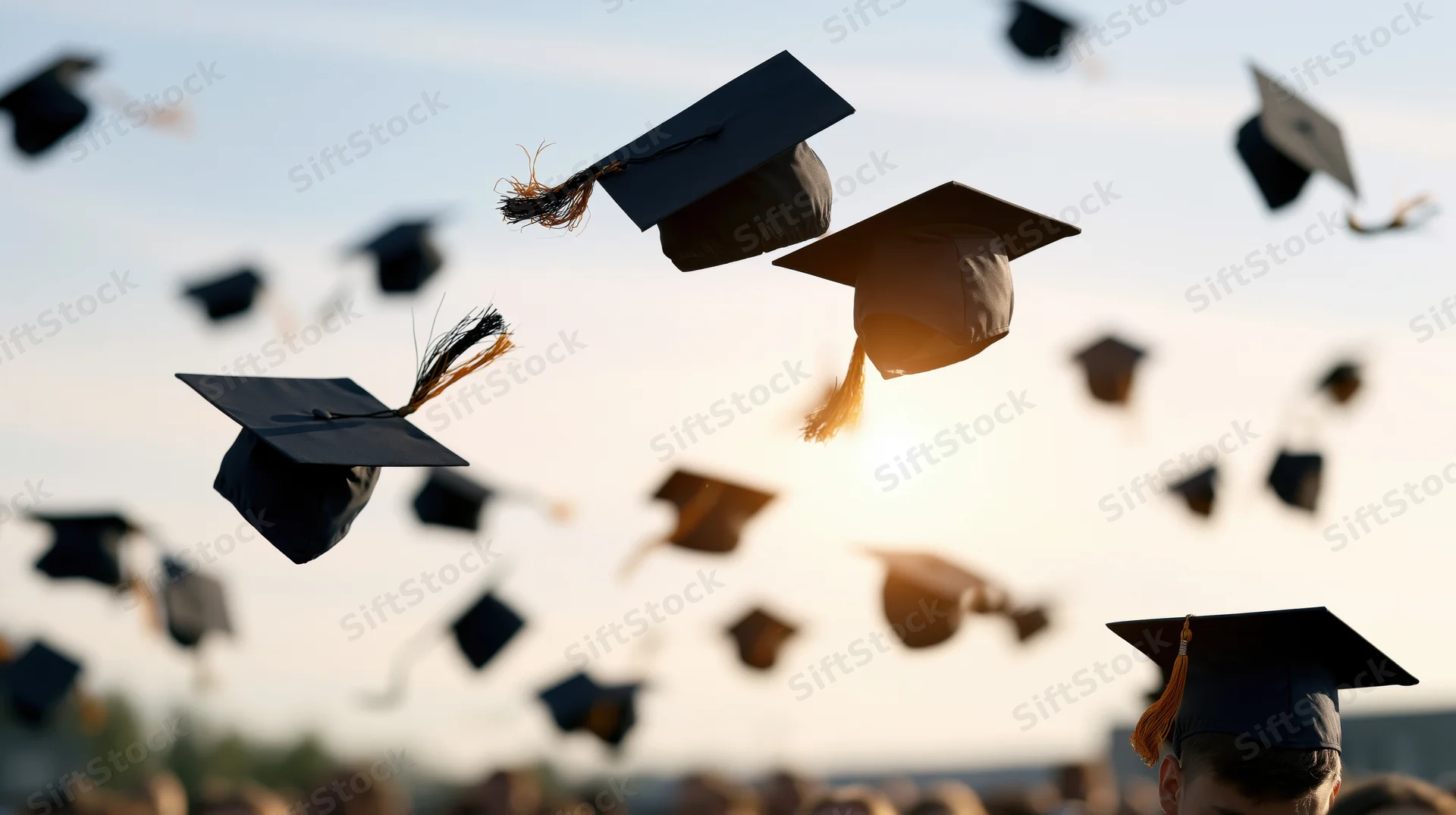 Graduation caps flying in the air at sunset during a commencement ceremony