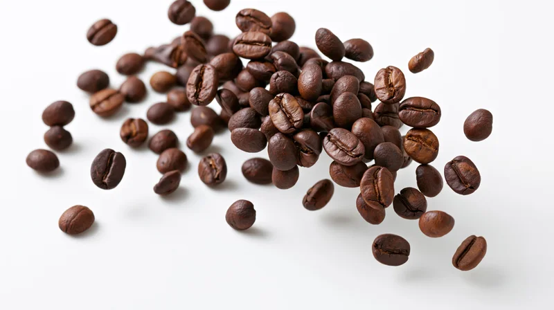 Roasted coffee beans frozen midair scattering against white background