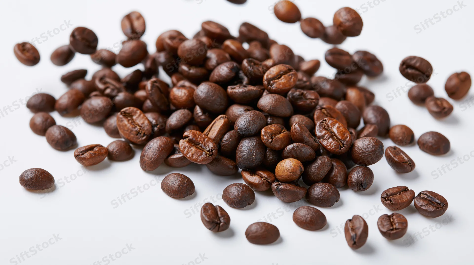 Roasted coffee beans scattered midair on white background