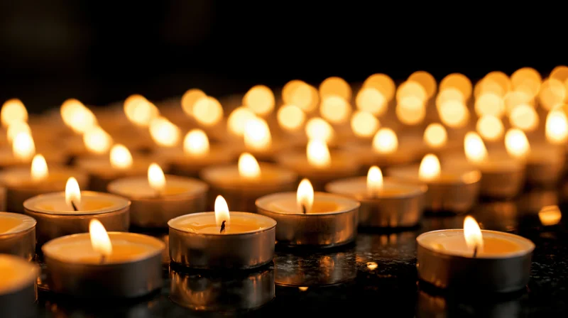 Dozens of small silver tealight candles burning in rows on a dark reflective surface