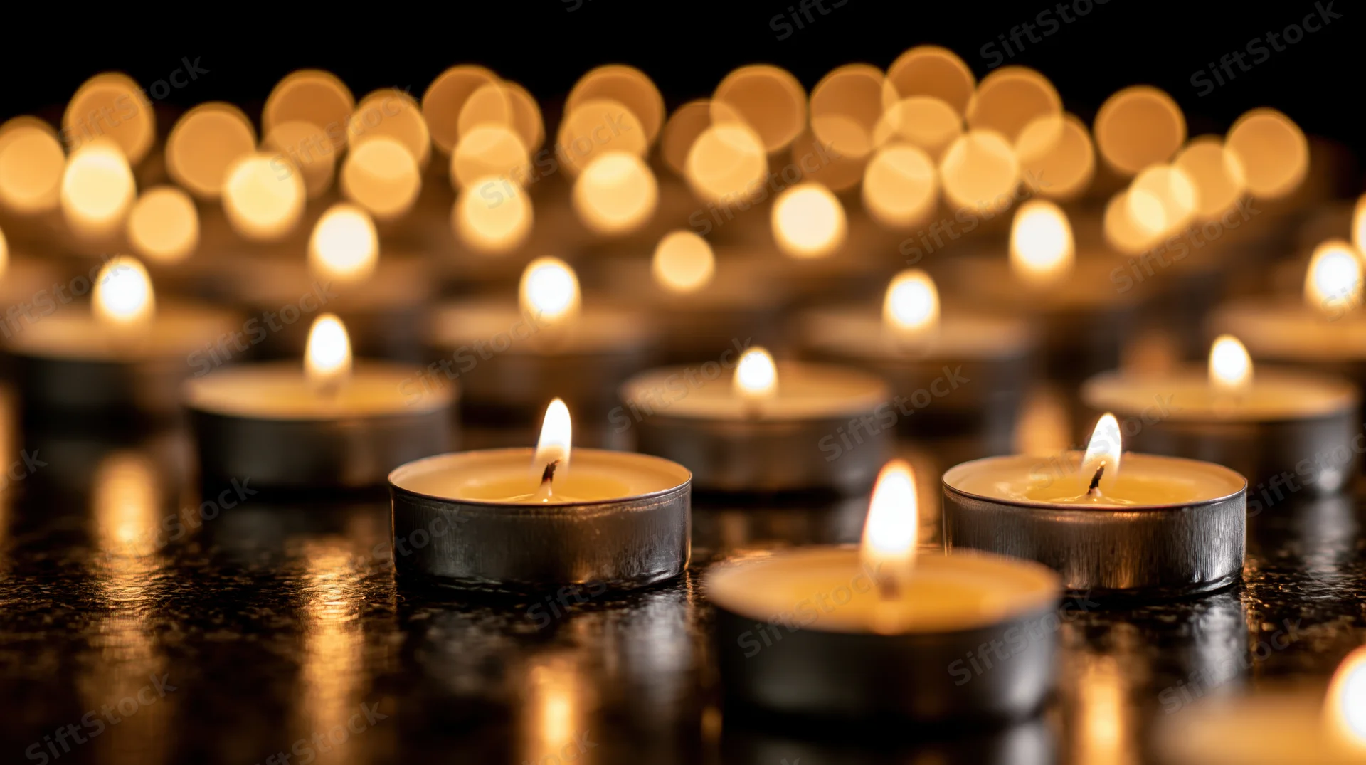 Small silver tealight candles burning on a dark reflective surface with warm glow and bokeh lights in background