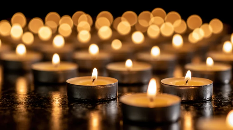 Small silver tealight candles burning on a dark reflective surface with warm glow and bokeh lights in background