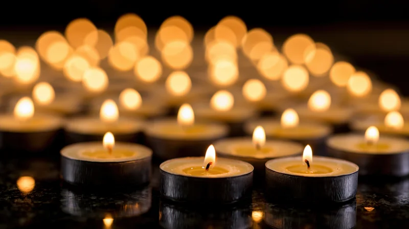 Rows of burning silver tealight candles on a dark reflective surface with warm bokeh glow in background