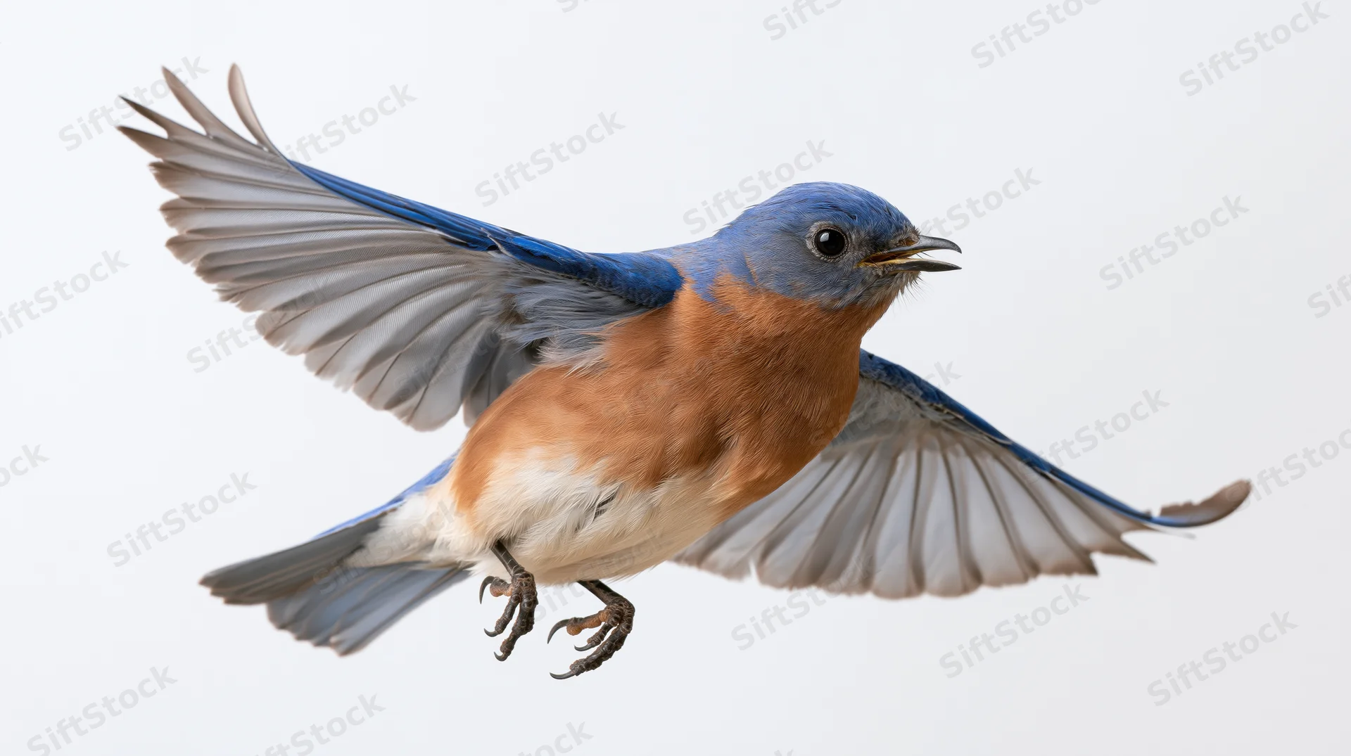 Eastern bluebird in mid-flight with wings fully spread and beak open against white background