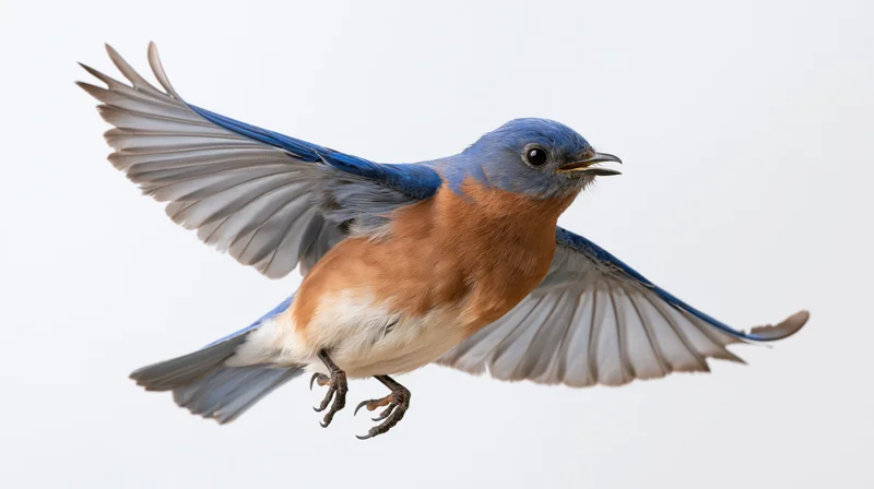 Eastern bluebird in mid-flight with wings fully spread and beak open against white background