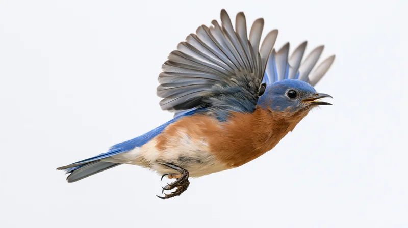 Eastern bluebird in mid-flight with wings fully spread and beak open against white background