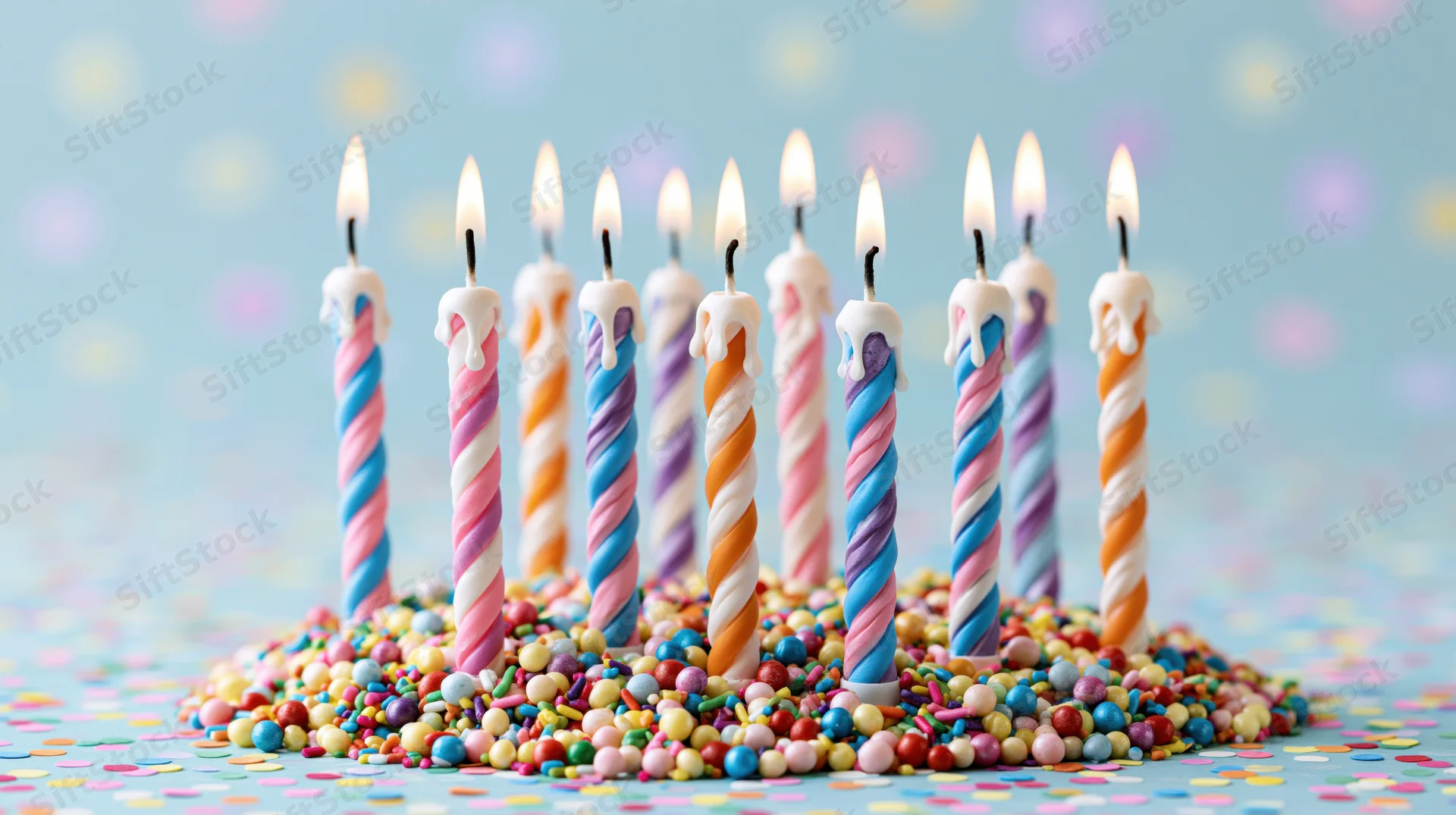 Lit colorful birthday candles surrounded by sprinkles on a pastel background