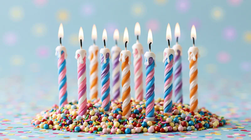 Lit colorful birthday candles surrounded by sprinkles on a pastel background