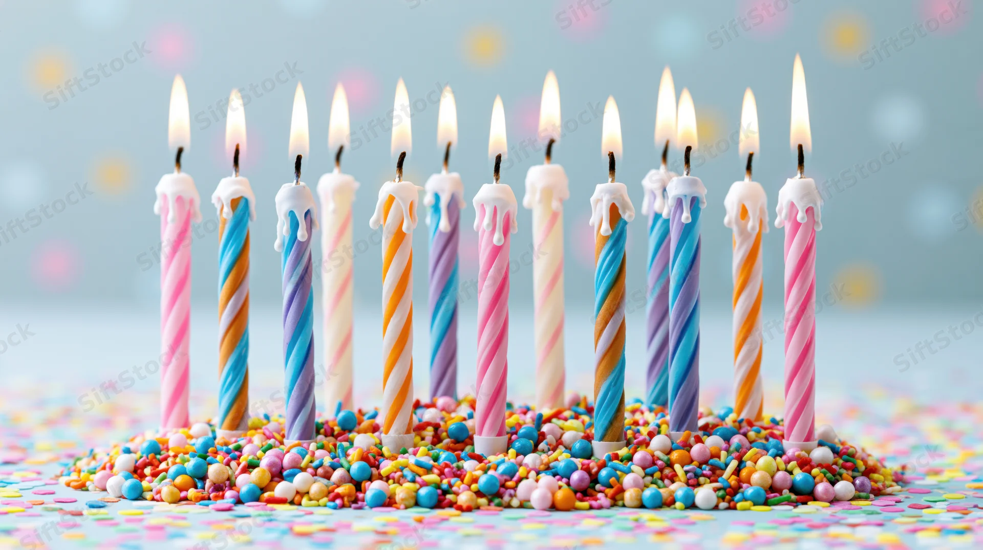 Colorful birthday candles with lit flames standing in a bed of sprinkles on a festive surface