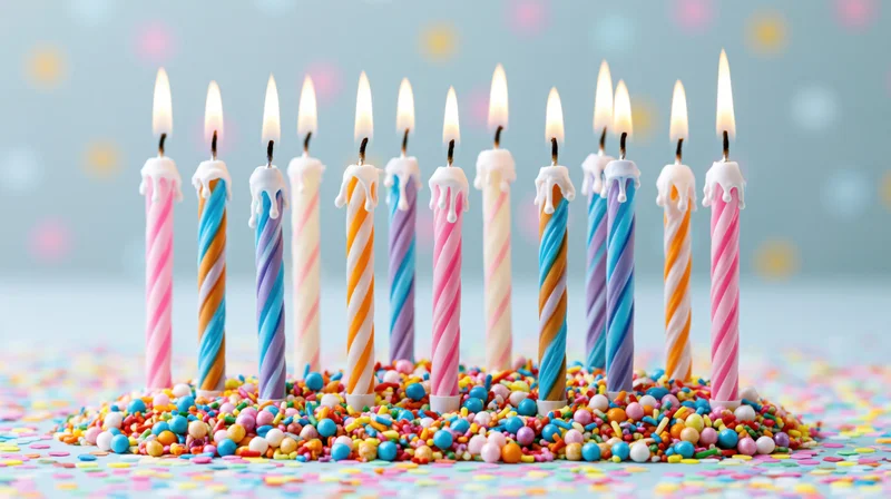 Colorful birthday candles with lit flames standing in a bed of sprinkles on a festive surface