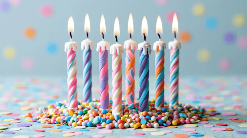 Eight tall birthday candles with lit flames standing upright