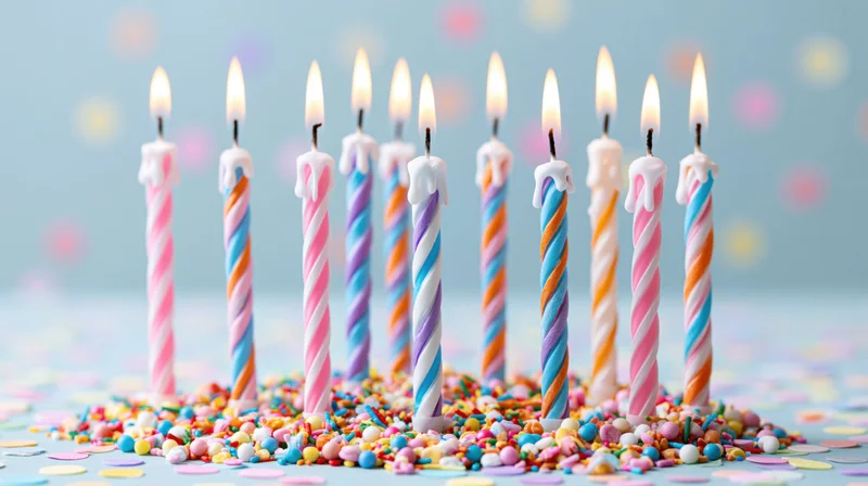 Lit colorful birthday candles arranged in a circle on a bed of sprinkles and confetti