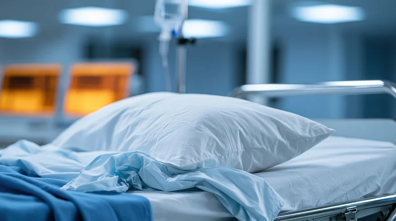 Empty hospital bed with white pillow and blue blanket in a medical room
