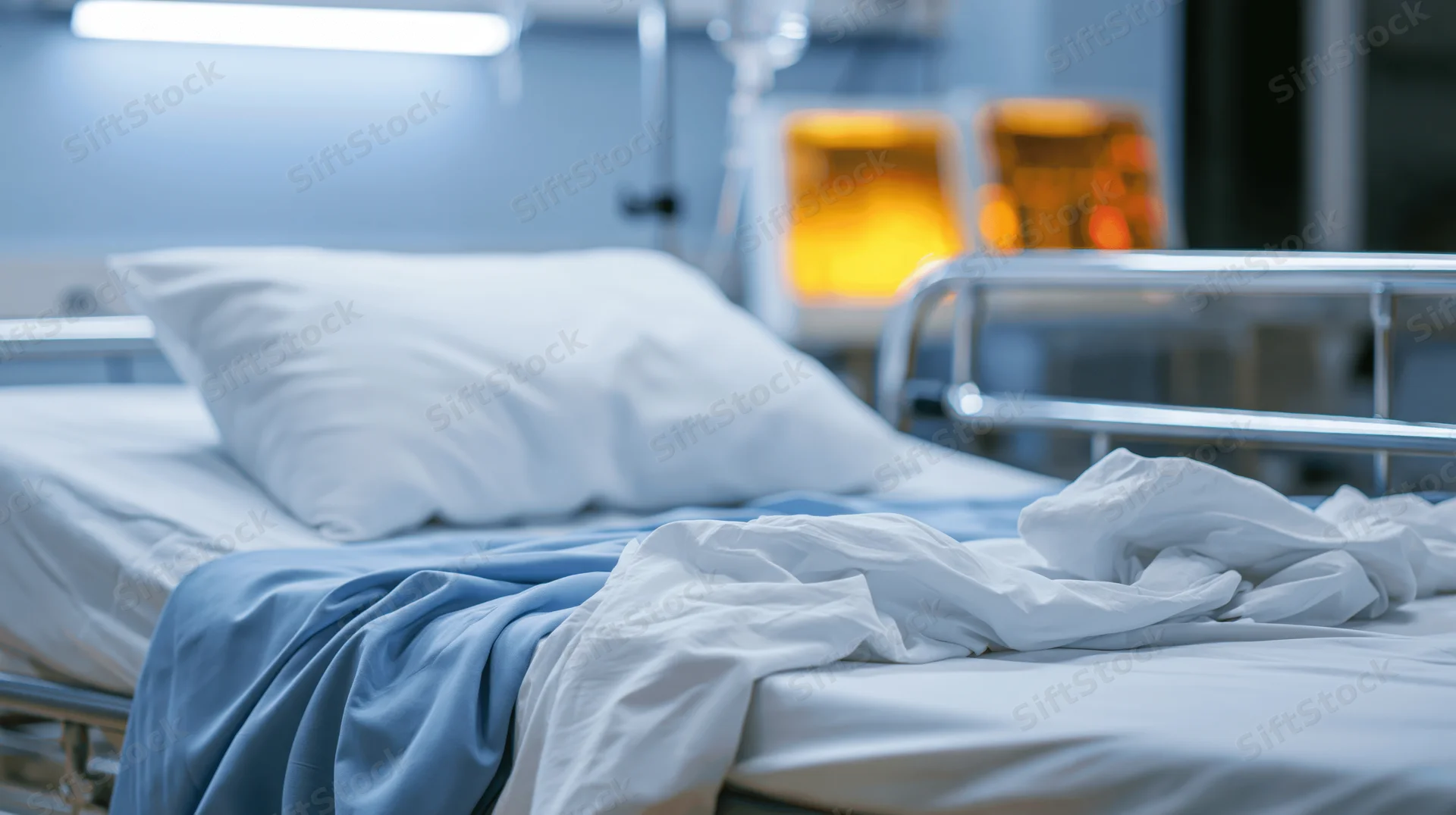 Empty hospital bed with white pillow and blue blanket in a medical room