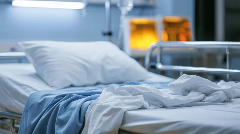 Empty hospital bed with white pillow and blue blanket in a medical room