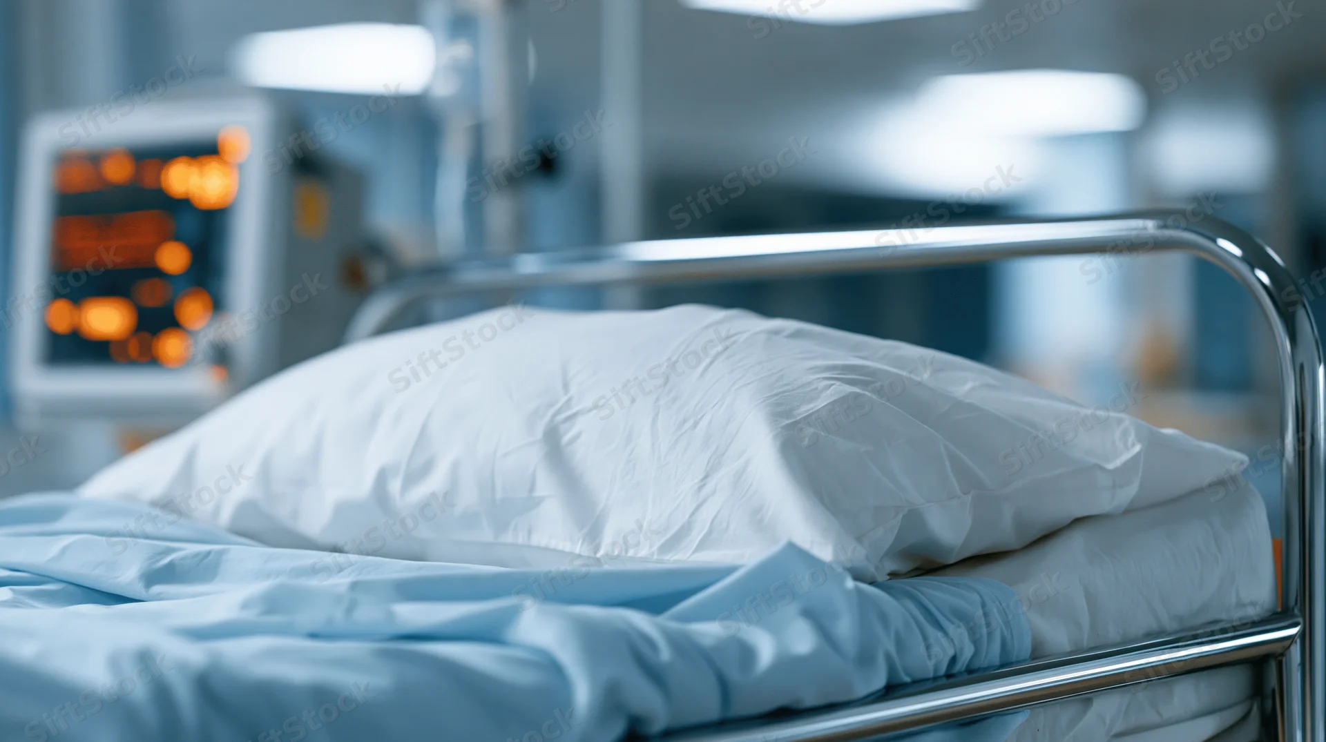 Empty hospital bed with white pillow and blue blanket in a medical ward