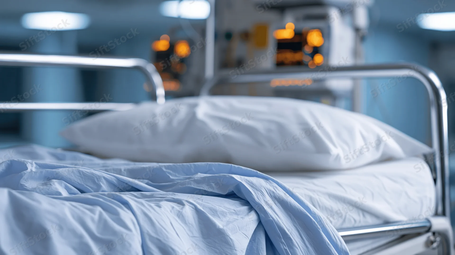 Empty hospital bed with white pillow and blue blanket in a medical room