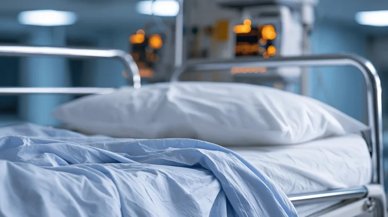 Empty hospital bed with white pillow and blue blanket in a medical room