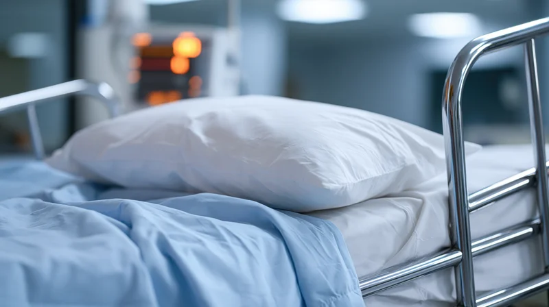 Empty hospital bed with white pillow and pale blue blanket in a clinical room