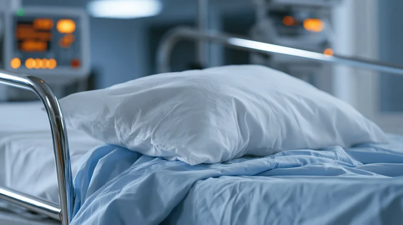Empty hospital bed with white pillow and pale blue blanket in a medical ward