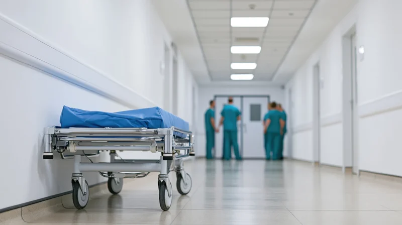 Blue padded gurney parked in hospital corridor with medical staff in scrubs near door