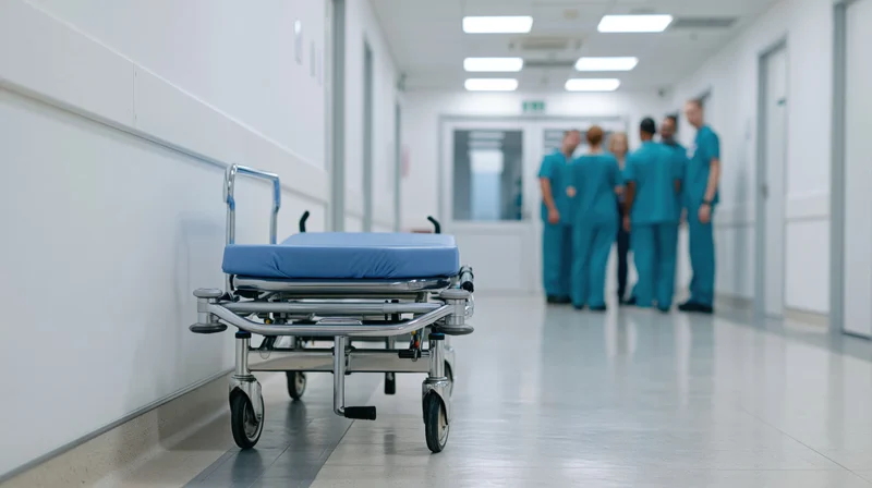 Blue padded gurney parked in hospital corridor with medical staff in scrubs conversing in background
