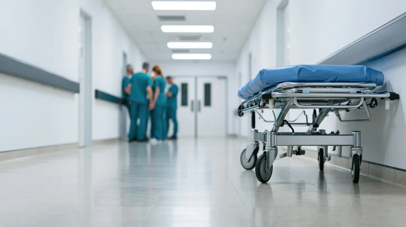 Blue padded gurney parked in hospital corridor with medical staff in scrubs conversing in background