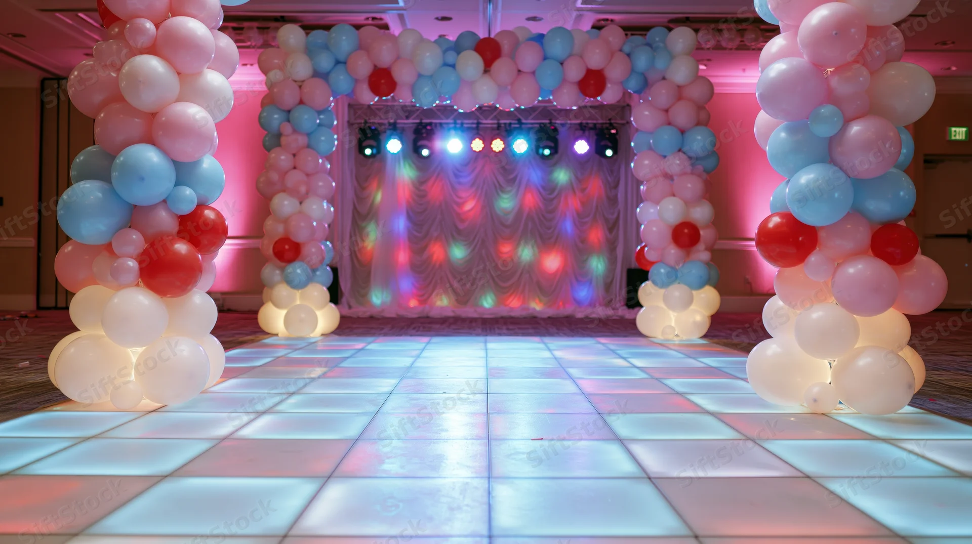 Illuminated dance floor framed by balloon arch columns leading to a lit stage in a ballroom venue