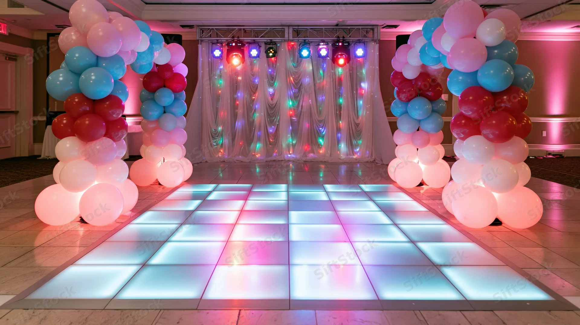 Illuminated dance floor with balloon arch columns in a party venue