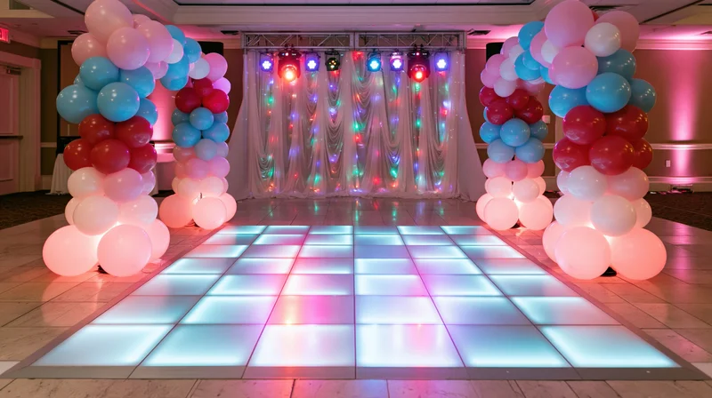 Illuminated dance floor with balloon arch columns in a party venue