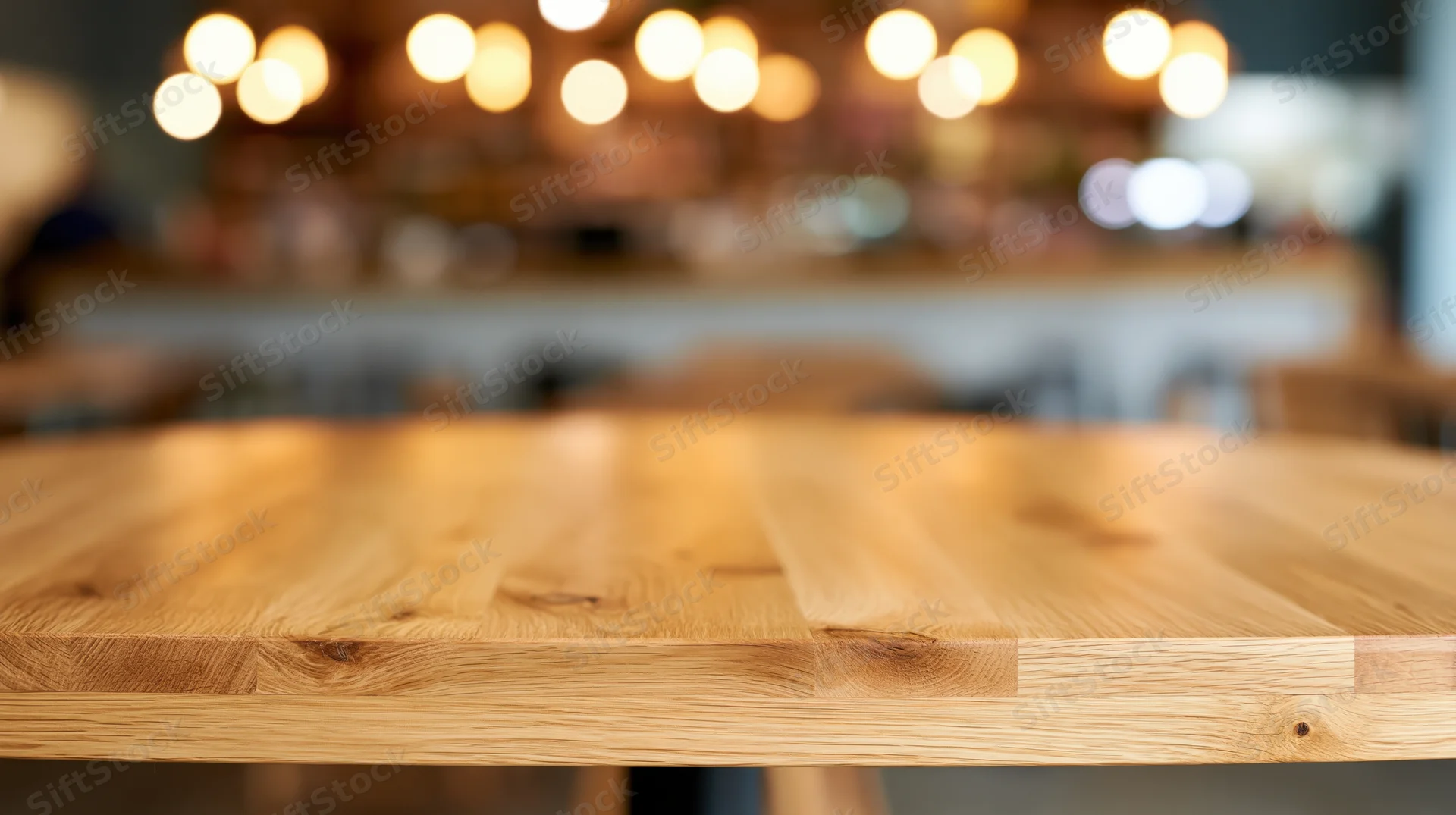 Light oak wooden tabletop in sharp focus with blurred restaurant interior in background