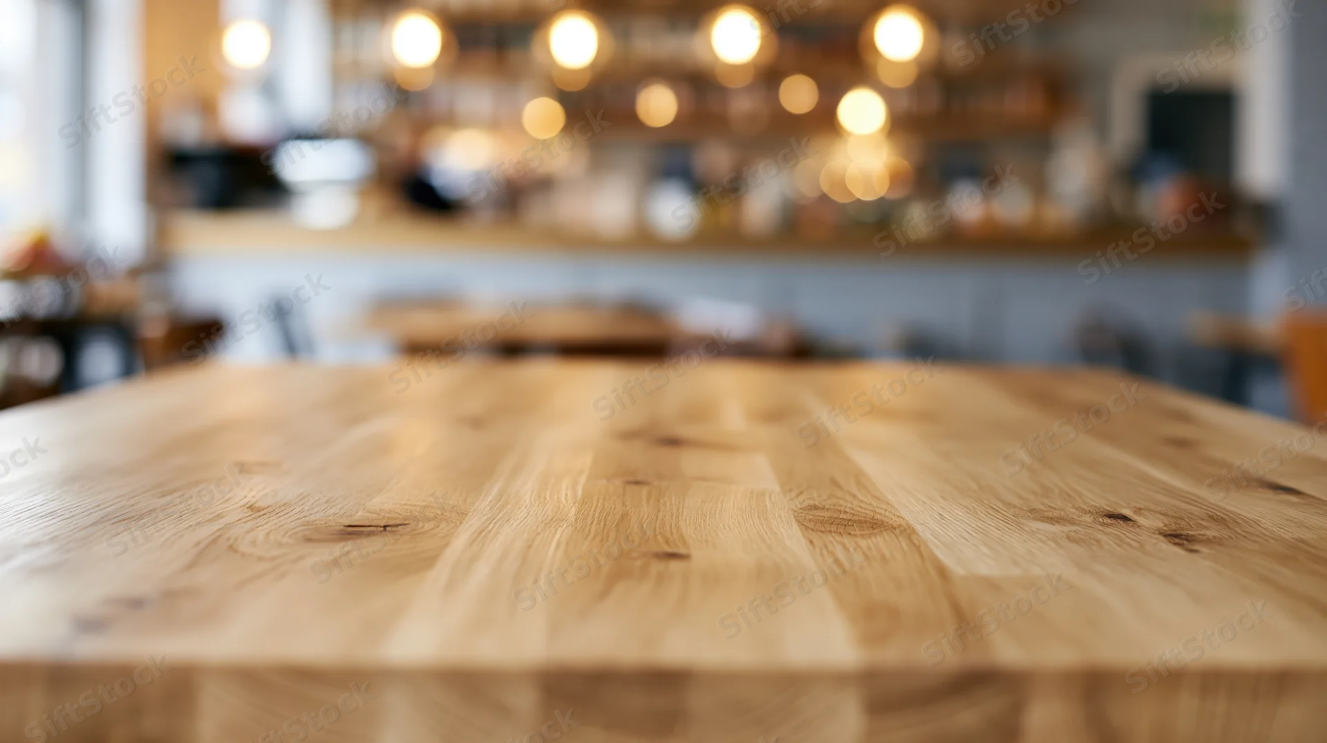 Light oak wooden table in sharp focus with blurred restaurant interior in background