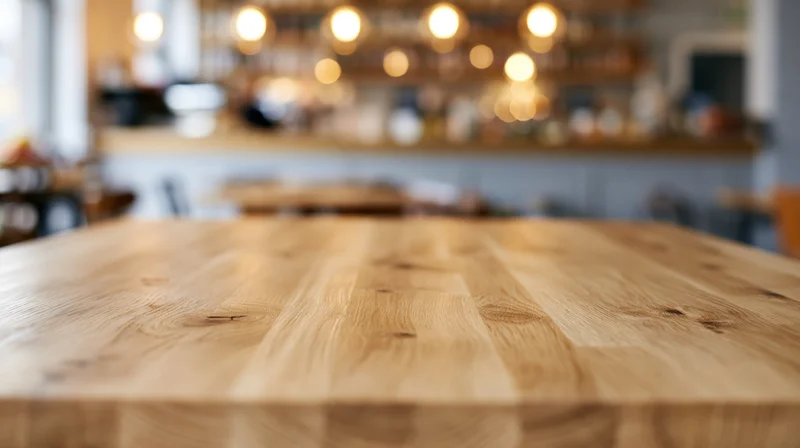 Light oak wooden table in sharp focus with blurred restaurant interior in background