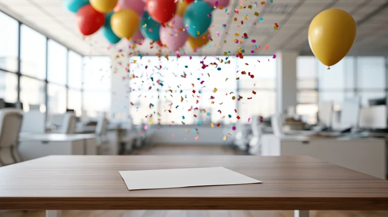 Empty office desk with a single sheet of paper under falling balloons and confetti in an open-plan workspace
