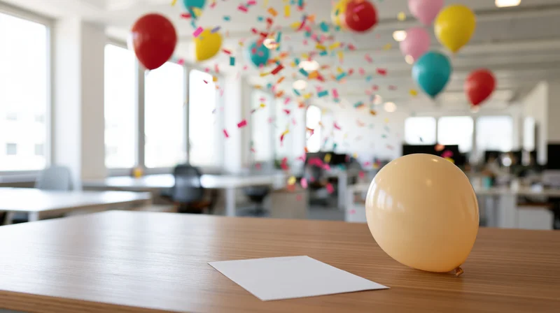 Colorful balloons and confetti floating above an empty office desk with a single sheet of paper in a bright open-plan workspace