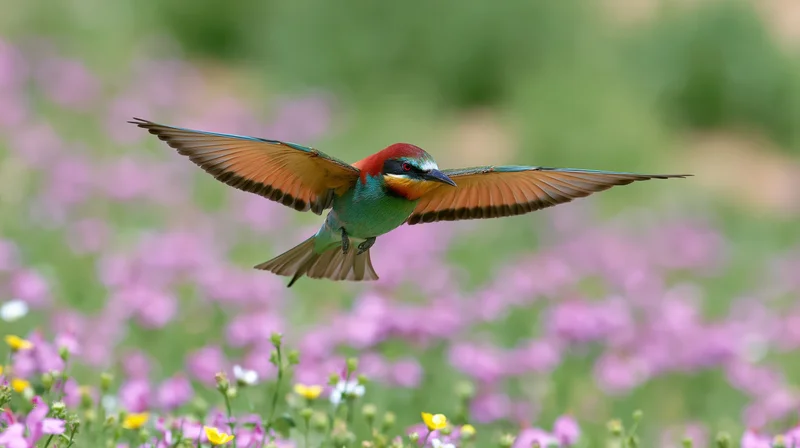 European bee-eater in mid-flight with wings fully spread over a field of pink and yellow flowers