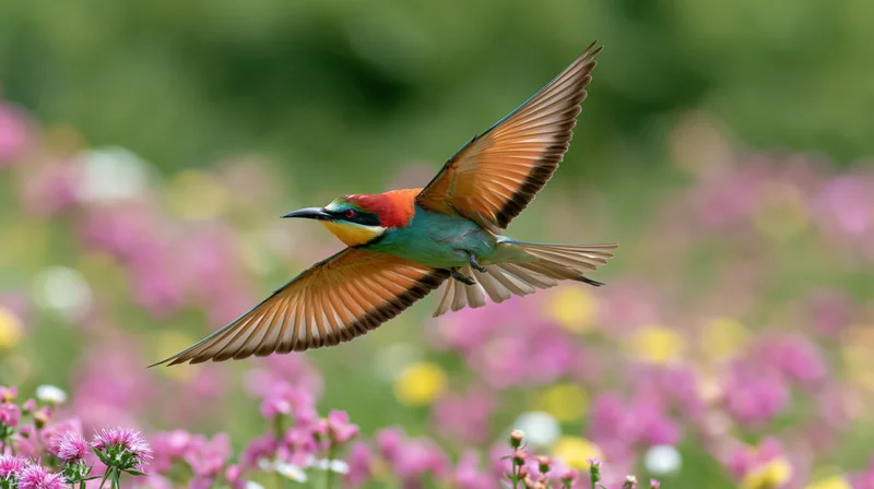 European bee-eater in mid-flight with wings fully spread over a field of pink flowers