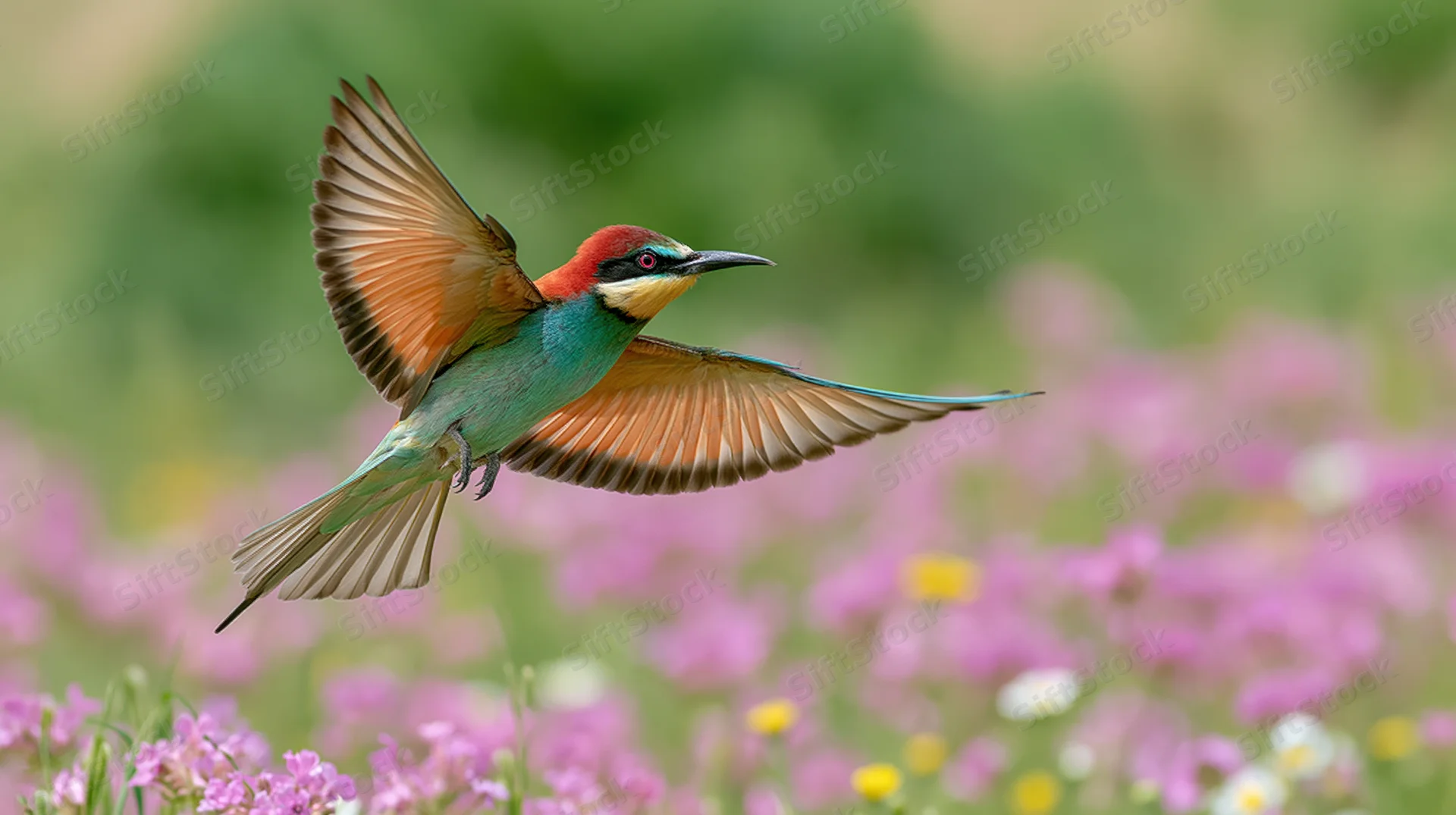 European bee-eater in mid-flight with wings spread over a field of pink flowers