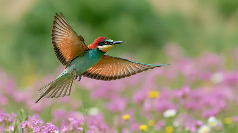 European bee-eater in mid-flight with wings spread over a field of pink flowers