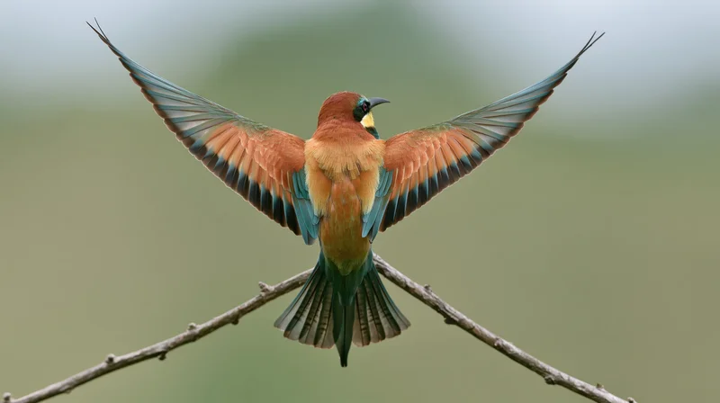 European bee-eater landing with wings spread on a bare twig