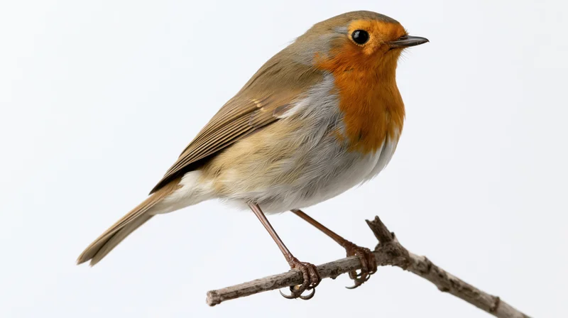 European robin perched upright on a small bare wooden branch
