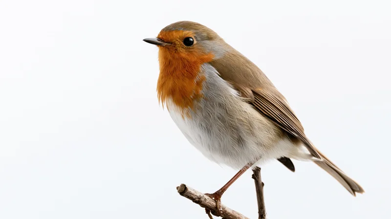 European robin perched upright on a small bare wooden branch