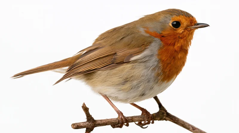 European robin perched upright on a small bare wooden branch